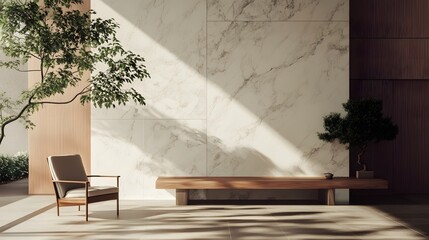 Minimalist Haven Unfolds with Wooden Bench and Elegant Indoor Plants in Contemporary Space