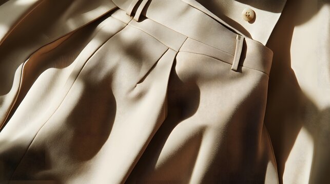 A pair of stylish high-waisted trousers in a neutral shade, elegantly arranged to showcase their tailored fit