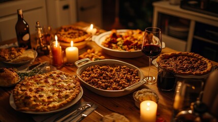 Thanksgiving table with traditional dishes wine and candles festive family feast
