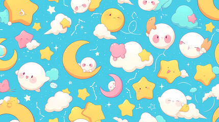 Colorful whimsical pattern featuring cute celestial characters like moons, stars, and clouds on a blue background