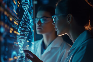 Doctors Analyzing a Holographic DNA Strand