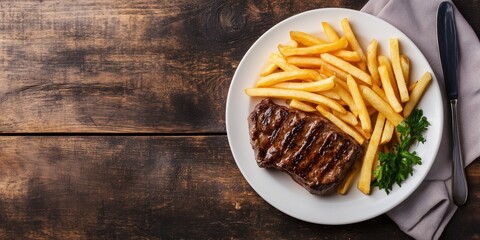 A mouth-watering grilled steak served with crispy golden French fries, showcasing a perfect balance of flavors and textures on a rustic wooden table.