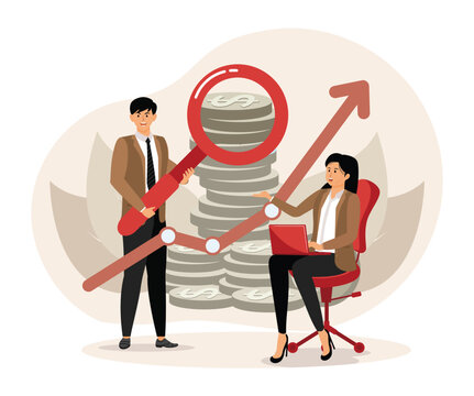 Analyzing, planning personal budget. Business Team Analyzing Financial Growth with Magnified Graph and Stacked Coins.