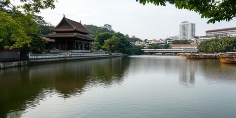 Obraz premium A peaceful waterscape featuring a serene river reflecting traditional architectural structures, enhancing the calm atmosphere and beautiful surroundings.