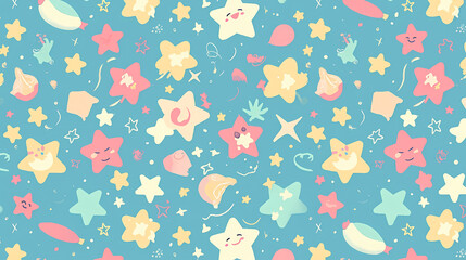 Colorful whimsical pattern featuring smiling stars, playful creatures, and cheerful elements on a blue background