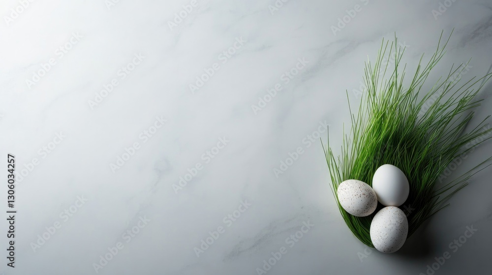 Poster abstract arrangement of easter grass and eggs placed in swirl on marble table creating elegant compo