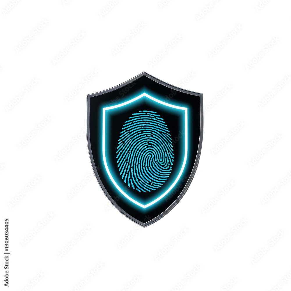 Poster futuristic neon security shield with fingerprint symbol, minimalist biometric icon representing digi