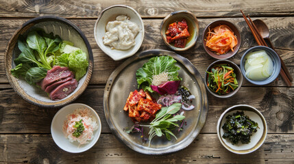 A plate and bowl of fresh vegetables on a wooden table with colorful ingredients like tomatoes, cheese, and fish, perfect for a healthy and delicious meal, ideal for lunch or dinner