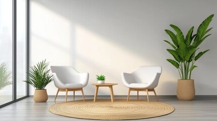 Modern Living Room Design with Comfortable Chairs, Natural Elements, and Bright Windows Showcasing Contemporary Architecture Concepts