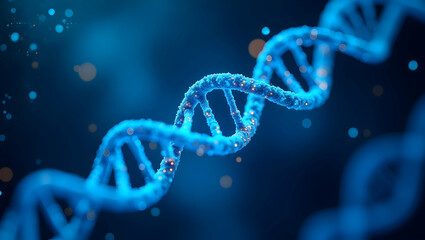 3D rendering of a DNA double helix strand against a dark blue background with glowing particles, creating a scientific and futuristic image with a sense of depth and detail.
