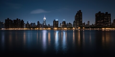 Obraz premium A mesmerizing night view of a city skyline showcasing tall buildings illuminated against a dark sky, with calm waters reflecting the shimmering lights in foreground.