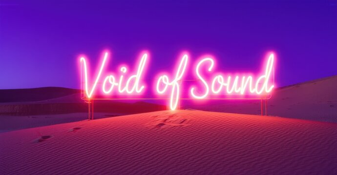 Naklejki Neon sign void of sound crimson electric silver hovering vast desert landscape shifting dunes purple twilight sky