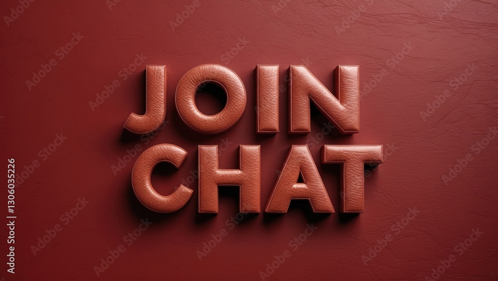 Poster stylized text spelling 'join chat' designed with a glossy, glittering finish against a rich red back