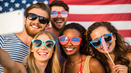4th of July Party. Group of friends celebrating with sunglasses and American flag backdrop.