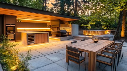 Fototapeta premium Elegant home with patio and outdoor kitchen under soft sunset glow, serene and inviting atmosphere. 