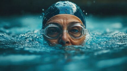 Fototapeta premium Competitive swimmer dives into clear water during a race with determined expression on his face