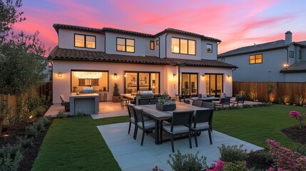 Obraz premium Elegant home with patio and outdoor kitchen under soft sunset glow, serene and inviting atmosphere. 