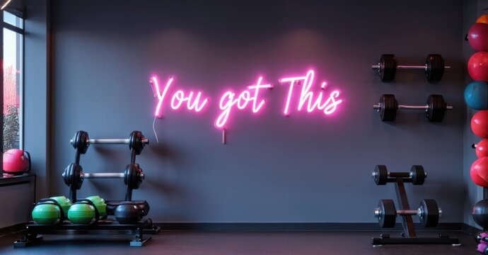 Naklejki Neon sign you got this radiant magenta pastel green mounted gym wall glowing dumbbells workout equipment