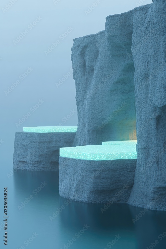Poster alien village nestled within glowing cliffs bioluminescent architecture blending seamlessly into ter