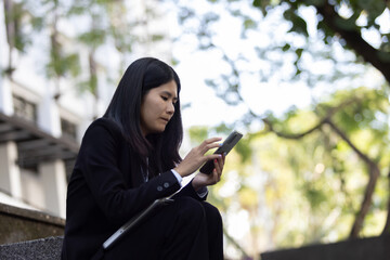 Future remote work combines technology smart phone digital business woman enable e-learning...