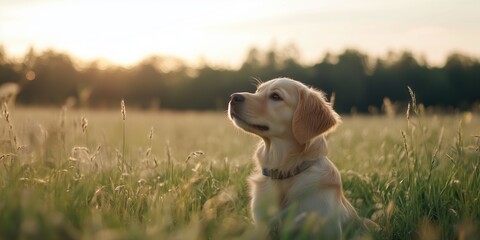 A serene golden retriever sits gracefully in a sun-kissed field, embodying loyalty and tranquility, surrounded by the warm colors of a fading sunset, exemplifying companionship.