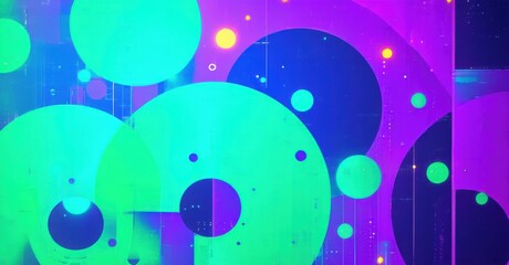 Retro futuristic digital abstract background dynamic circular shapes ultraviolet neon green pastel cyan soft motion blur glowing accents