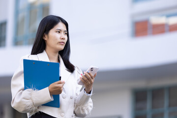 Future remote work combines technology smart phone connection online white digital business woman...