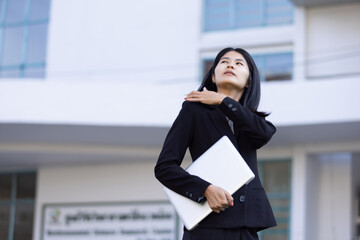 Future remote work combines technology smart phone digital business woman enable e-learning...