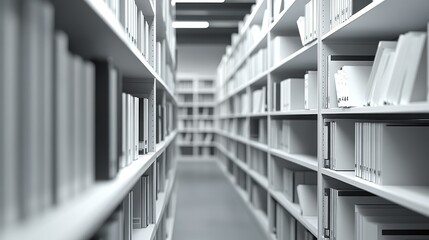 Fototapeta premium Modern Library Aisle with Rows of Books and Minimalist Design