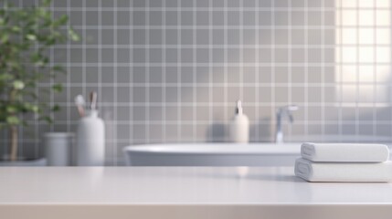 product display image of a light white table top,  slightly blurred, bathroom with light gray tile backsplash