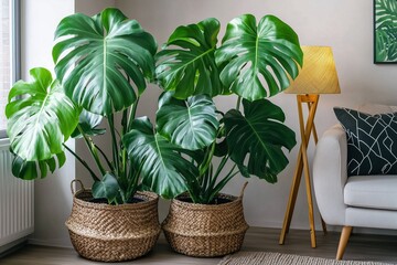 Fototapeta premium A large monstera plant in a cozy modern interior, selective focus