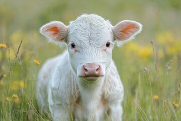 Fototapeta premium White baby calf standing in a grassy field