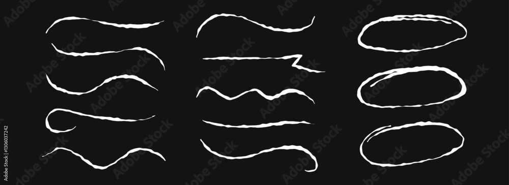 Poster hand drawn chalk lines and circles set. white pastel underlines and strokes collection. wavy crayon 