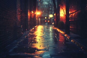 Mysterious wet alley illuminated by neon lights in the rain