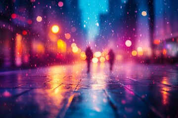 Colorful city lights reflecting on wet pavement on a rainy night