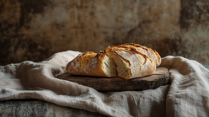 Emmaus Journey: Broken Bread on Weathered Cloak Amidst Tranquil Landscape - Perfect for Reflection