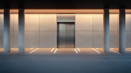Fototapeta premium expansive view of underground parking lot with dim lighting casting long shadows across empty parking spaces highlighting