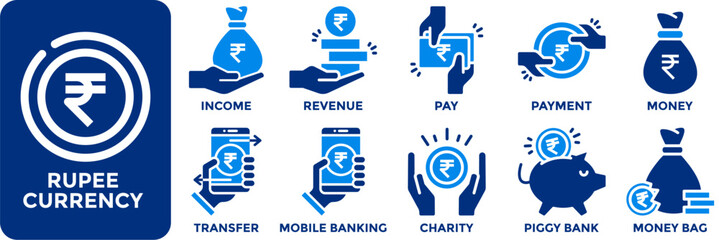 Rupee currency icon collection set.Containing income, revenue, pay, payment, money, transfer, mobile banking, charity, piggy bank and money bag icon. Simple flat vector illustration.