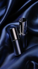 Luxurious Serum Bottles Amidst Dark Blue Satin Drapes Elegance and Sophistication Display