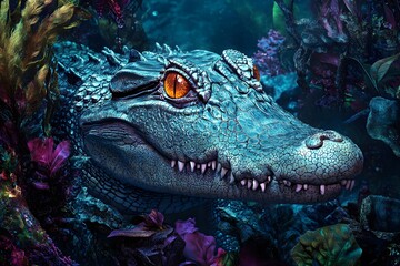 enigmatic alligator, with its stillness and mesmerizing ripples it creates on swamp's surface, embodies harmonious coexistence of apex predators and other wildlife in this captivating ecosystem