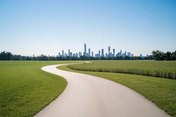 Naklejka premium individual walks down serene winding rural road lined with fields while bustling city skyline looms on horizon under