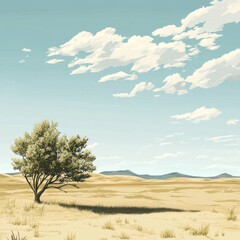 Solitary Tree in the Desert - A Serene Landscape with Blue Sky and Clouds