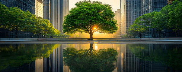 Sunrise tree city reflection