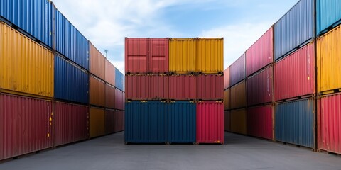 Fototapeta premium A vibrant display of stacked shipping containers in various colors, showcasing the industrial aspect of logistics and transportation in a port setting.