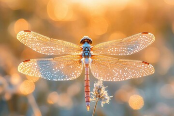 Close-up of a golden dragonfly with delicate wings in soft light
