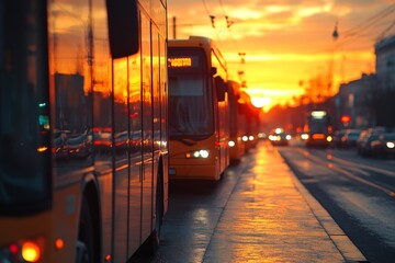 Obraz premium Sunset at a modern train station with warm glowing light