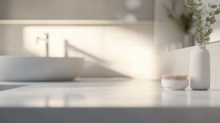 product display image of a light white table top,  slightly blurred, bathroom with light gray tile backsplash