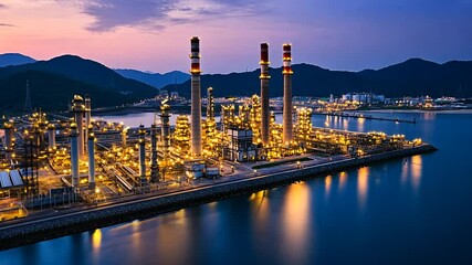 Illuminated industrial complex along the coast at twilight, showcasing energy production - Powered by Adobe