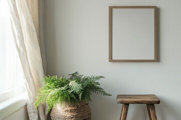Fototapeta premium Modern minimalist room with green plant and mirror on wall