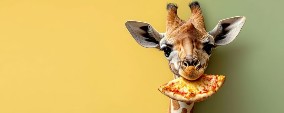 Whimsical Giraffe Enjoying a Delicious Slice of Pizza on a Split Background of Joyful Colors